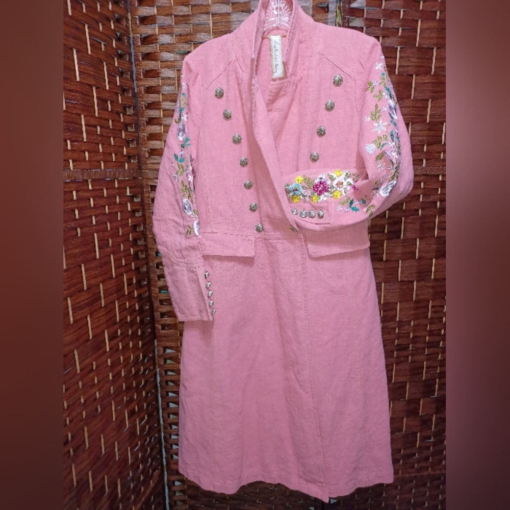 Embroidered Pink Long Coat with Decorative Buttons